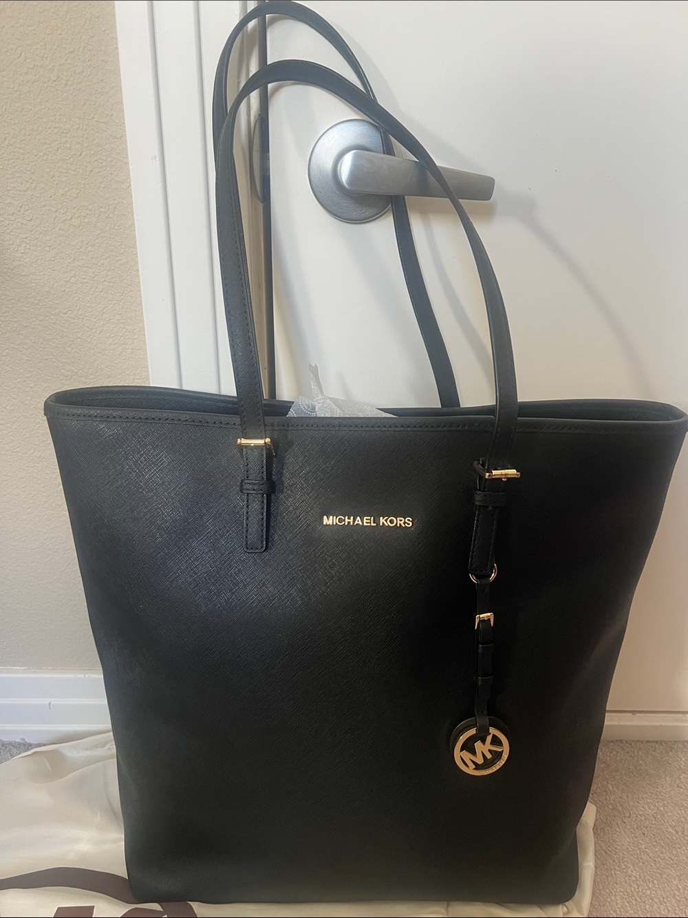 Michael Kors Black Leather Tote with Gold Accent Charm